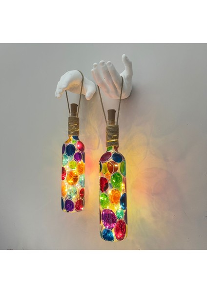 Beyaz Heykel El Dekorlu LED Işıklı Vitray Cam Şarap Şişesi Aplik 2'li Set Cafe Bahçe Ev Dekoru modelleri