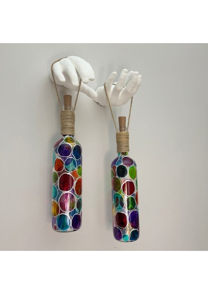 Beyaz Heykel El Dekorlu LED Işıklı Vitray Cam Şarap Şişesi Aplik 2'li Set Cafe Bahçe Ev Dekoru indirimleri