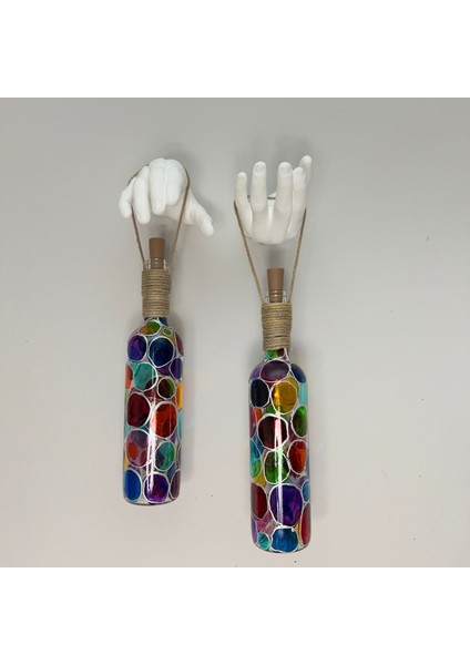 Beyaz Heykel El Dekorlu LED Işıklı Vitray Cam Şarap Şişesi Aplik 2'li Set Cafe Bahçe Ev Dekoru