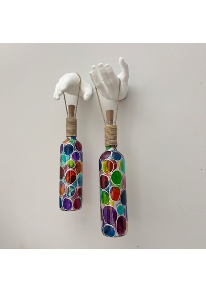 Beyaz Heykel El Dekorlu LED Işıklı Vitray Cam Şarap Şişesi Aplik 2'li Set Cafe Bahçe Ev Dekoru