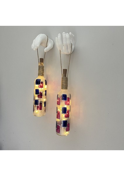 Erkek El Heykeli Dekorlu Lacivert Kırmızı Vitray Şarap Şişesi 2'li Pilli Aplik Set, Duvar Dekor modelleri