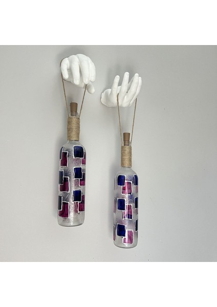 Erkek El Heykeli Dekorlu Lacivert Kırmızı Vitray Şarap Şişesi 2'li Pilli Aplik Set, Duvar Dekor fırsatları