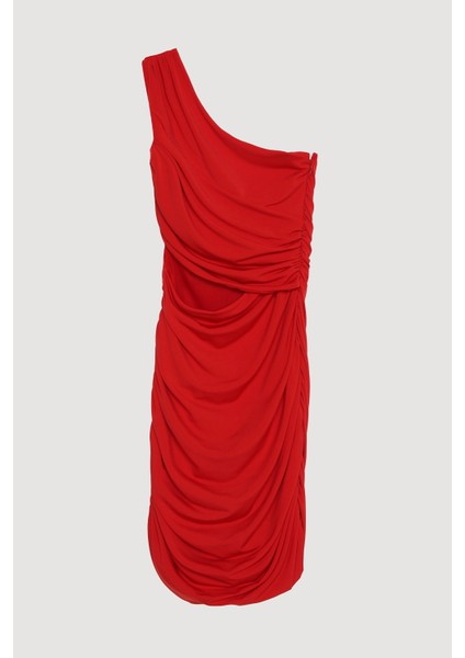 Drape Detaylı Tek Omuz Cut Out Mini Elbise Kırmızı