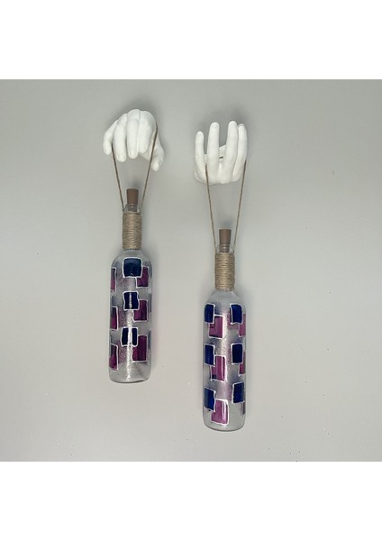 Erkek El Heykeli Dekorlu Lacivert Kırmızı Vitray Şarap Şişesi 2'li Pilli Aplik Set, Duvar Dekor indirimleri