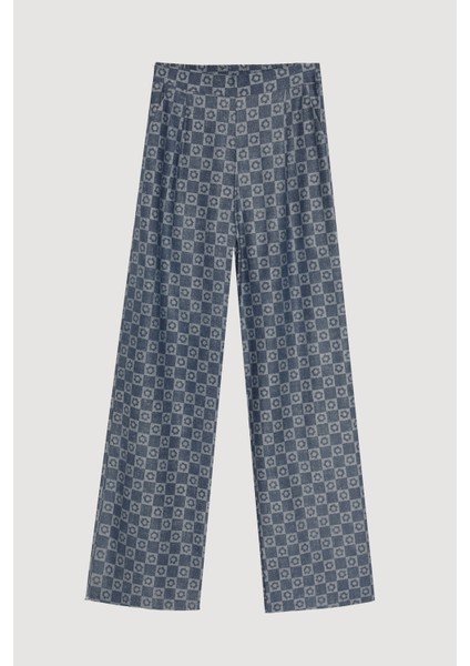 Damalı Kot Görünümlü Bol Paça Pantolon Indigo