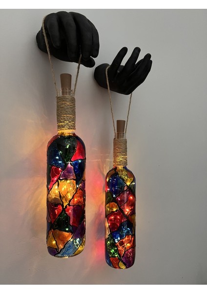 Siyah Renkli Erkek Eli Heykeli ve Tıpa Peri LED Işıklı Vitray Cam Şarap Şişesi Aplik 2'li Set