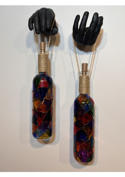 Siyah Renkli Erkek Eli Heykeli ve Tıpa Peri LED Işıklı Vitray Cam Şarap Şişesi Aplik 2'li Set indirimleri