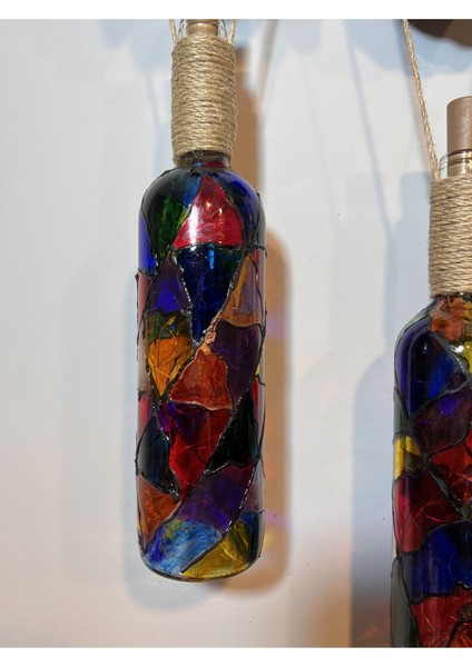 Siyah Renkli Erkek Eli Heykeli ve Tıpa Peri LED Işıklı Vitray Cam Şarap Şişesi Aplik 2'li Set