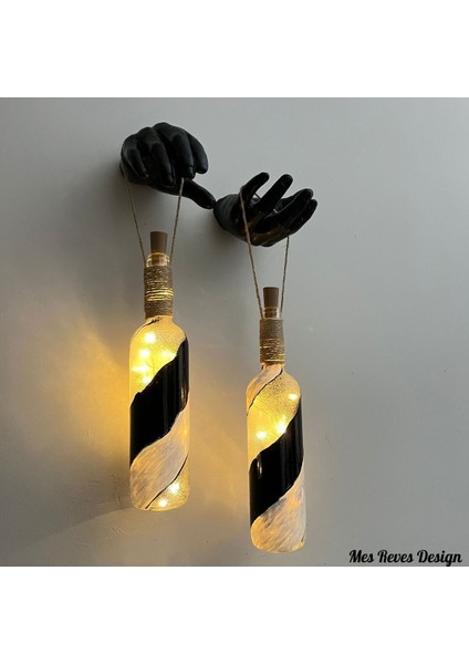 Siyah Heykel El Dekorlu Pilli LED Işıklı Vitray Cam Şarap Şişesi Aplik 2'li Set Cafe Bahçe Ev Dekor