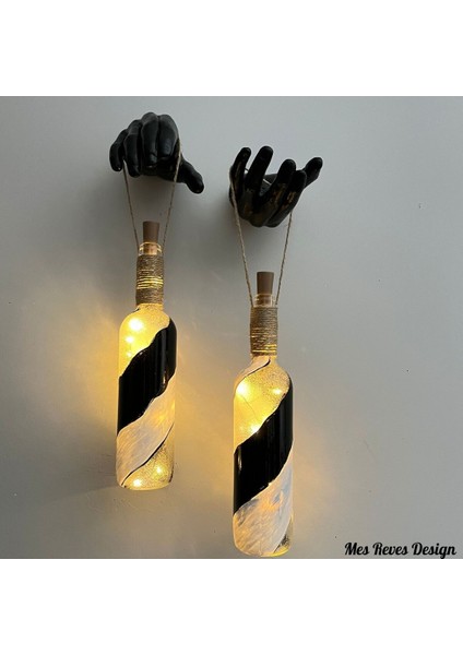 Siyah Heykel El Dekorlu Pilli LED Işıklı Vitray Cam Şarap Şişesi Aplik 2'li Set Cafe Bahçe Ev Dekor fiyatları