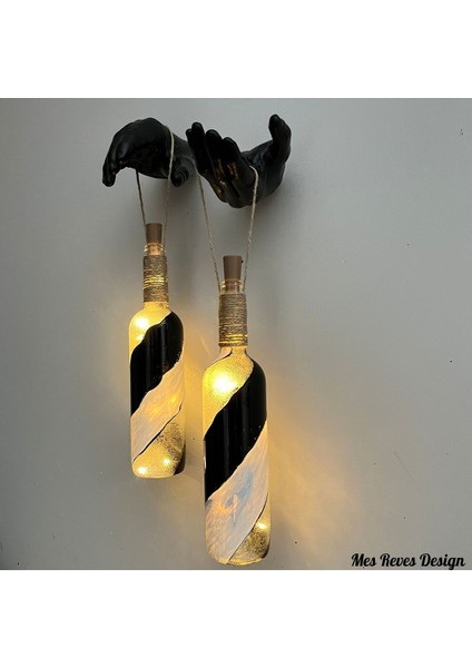 Siyah Heykel El Dekorlu Pilli LED Işıklı Vitray Cam Şarap Şişesi Aplik 2'li Set Cafe Bahçe Ev Dekor modelleri