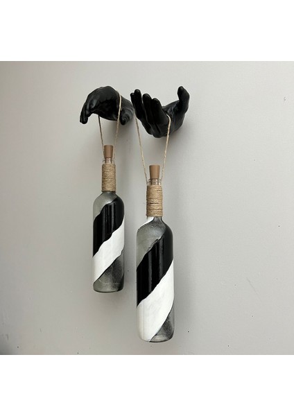 Siyah Heykel El Dekorlu Pilli LED Işıklı Vitray Cam Şarap Şişesi Aplik 2'li Set Cafe Bahçe Ev Dekor