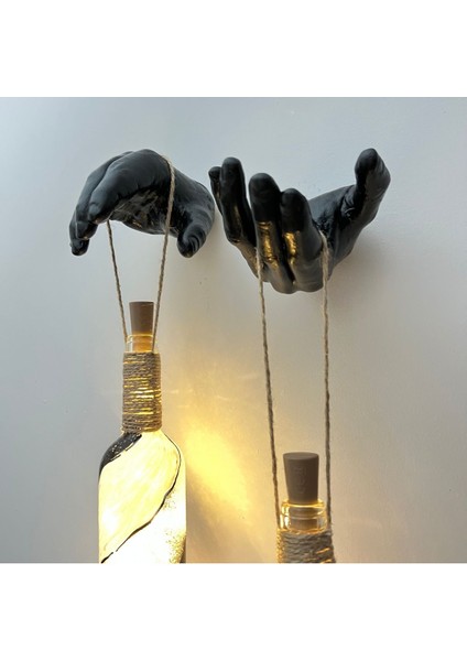 Siyah Heykel El Dekorlu Pilli LED Işıklı Vitray Cam Şarap Şişesi Aplik 2'li Set Cafe Bahçe Ev Dekor