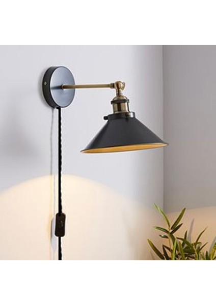 Retro Metal Rustik Siyah Kablolu Anahtarlı Duvar Aplik Çap:30 cm