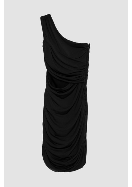 Drape Detaylı Tek Omuz Cut Out Mini Elbise Siyah