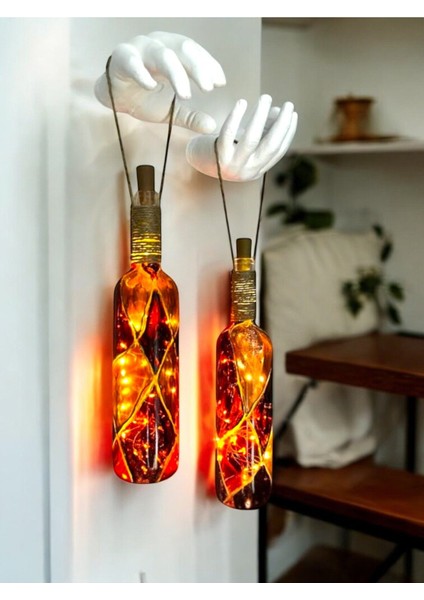 Heykel El Dekorlu LED Işıklı Kahverengi Vitray Cam Şarap Şişesi Aplik 2'li Set Cafe Bahçe Ev Dekoru