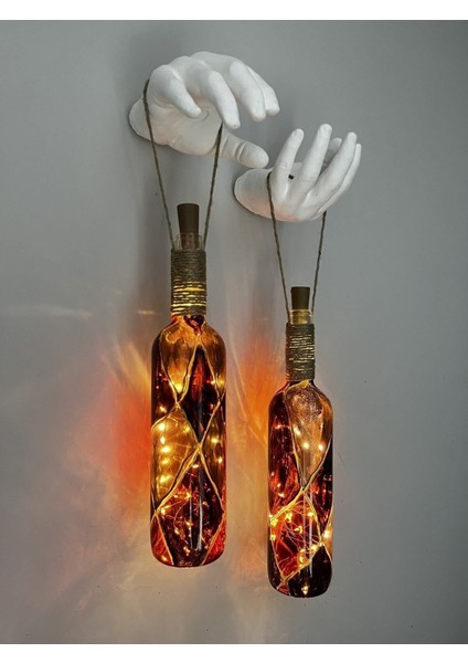 Heykel El Dekorlu LED Işıklı Kahverengi Vitray Cam Şarap Şişesi Aplik 2'li Set Cafe Bahçe Ev Dekoru fiyatları