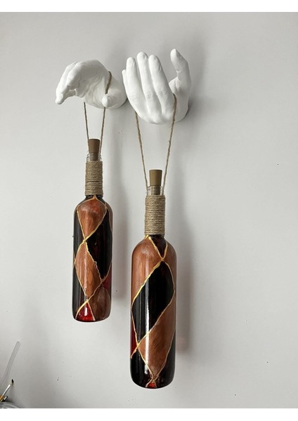 Heykel El Dekorlu LED Işıklı Kahverengi Vitray Cam Şarap Şişesi Aplik 2'li Set Cafe Bahçe Ev Dekoru indirimleri