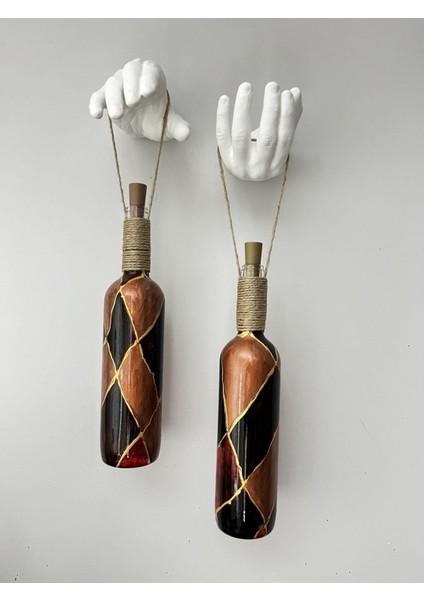 Heykel El Dekorlu LED Işıklı Kahverengi Vitray Cam Şarap Şişesi Aplik 2'li Set Cafe Bahçe Ev Dekoru