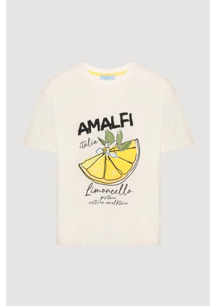 Amalfi Yazı Baskılı Limonlu Tişört Ekru