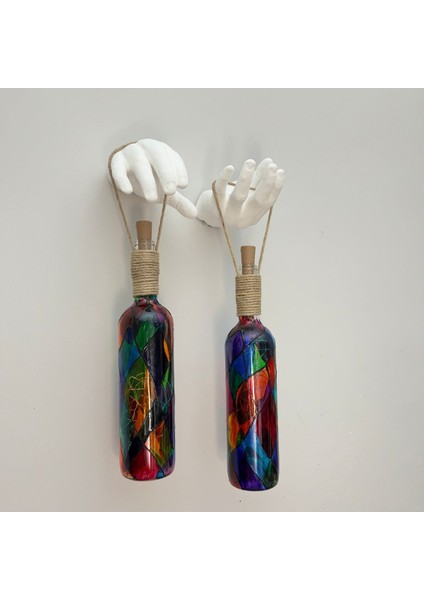 Beyaz Renkli Erkek Eli Heykeli ve Tıpa Peri LED Işıklı Vitray Cam Şarap Şişesi Aplik 2'li Set fırsatları