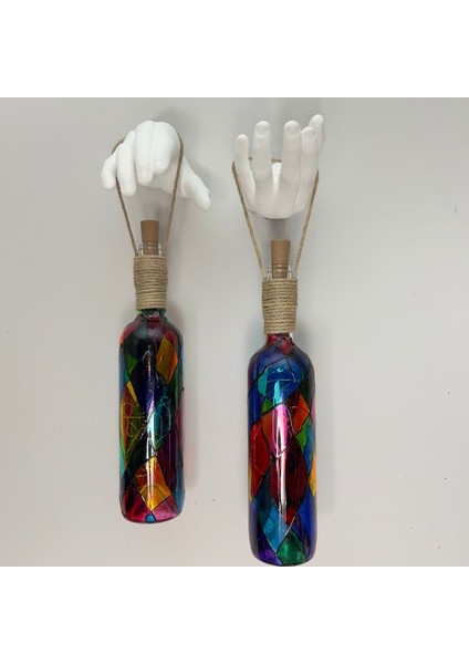 Beyaz Renkli Erkek Eli Heykeli ve Tıpa Peri LED Işıklı Vitray Cam Şarap Şişesi Aplik 2'li Set