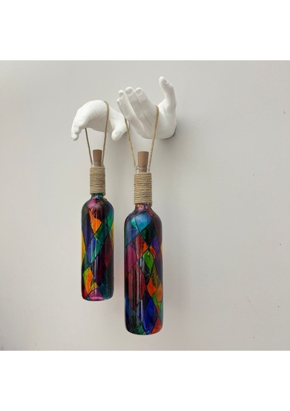 Beyaz Renkli Erkek Eli Heykeli ve Tıpa Peri LED Işıklı Vitray Cam Şarap Şişesi Aplik 2'li Set