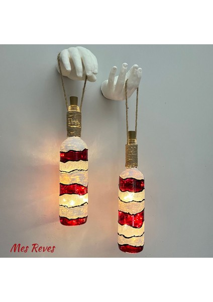 El Yapımı Beyaz Erkek El Heykeli Dekorlu Kırmızı Beyaz Vitray Şarap Şişesi 2'li Aplik Set