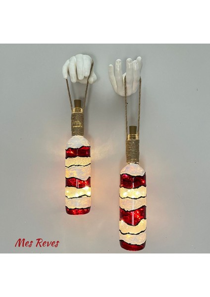 El Yapımı Beyaz Erkek El Heykeli Dekorlu Kırmızı Beyaz Vitray Şarap Şişesi 2'li Aplik Set fiyatları