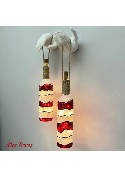 El Yapımı Beyaz Erkek El Heykeli Dekorlu Kırmızı Beyaz Vitray Şarap Şişesi 2'li Aplik Set modelleri