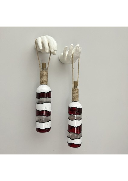 El Yapımı Beyaz Erkek El Heykeli Dekorlu Kırmızı Beyaz Vitray Şarap Şişesi 2'li Aplik Set indirimleri
