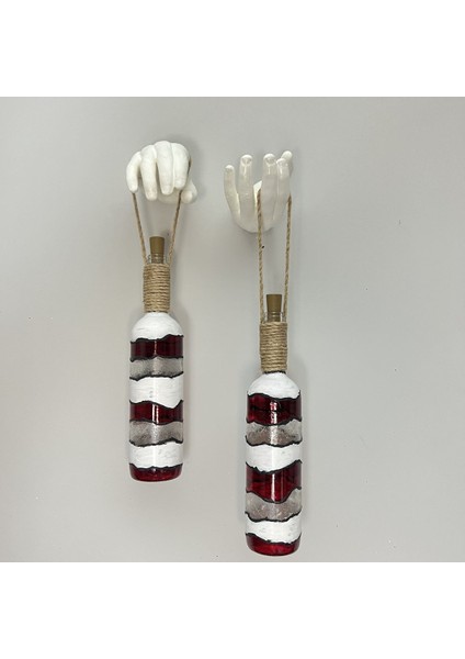 El Yapımı Beyaz Erkek El Heykeli Dekorlu Kırmızı Beyaz Vitray Şarap Şişesi 2'li Aplik Set