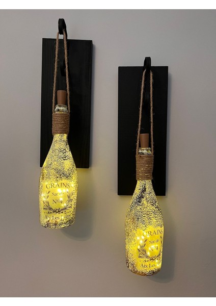 Tıpa Peri LED Işıklı Siyah Ahşap Cam Şampanya Şişesi Duvar Aplik 2'li Set modelleri
