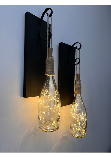 Tıpa Peri LED Işıklı Siyah Ahşap Cam Şampanya Şişesi Duvar Aplik 2'li Set