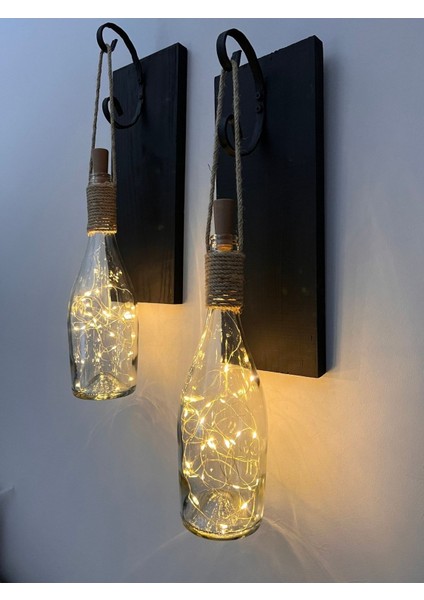 Tıpa Peri LED Işıklı Siyah Ahşap Cam Şampanya Şişesi Duvar Aplik 2'li Set modelleri