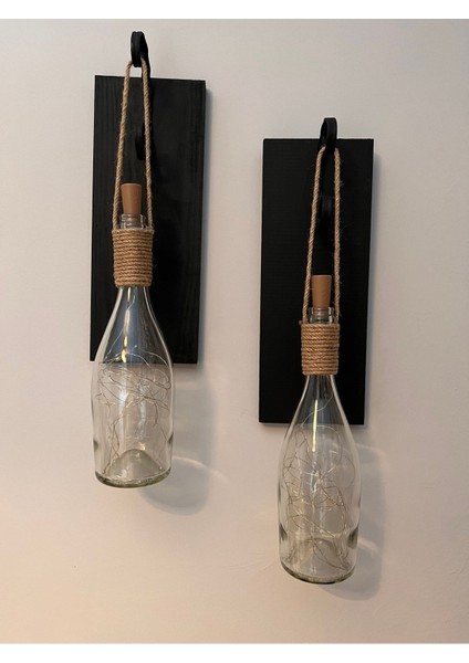 Tıpa Peri LED Işıklı Siyah Ahşap Cam Şampanya Şişesi Duvar Aplik 2'li Set indirimleri