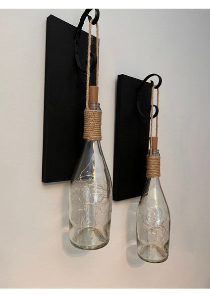 Tıpa Peri LED Işıklı Siyah Ahşap Cam Şampanya Şişesi Duvar Aplik 2'li Set