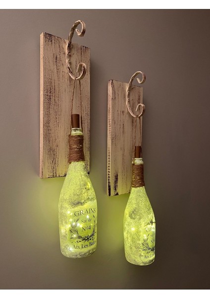 Tıpa Peri LED Işıklı Krem Kahve Renkli Buzlu Cam Şampanya Şişesi Duvar Aplik 2'li Set