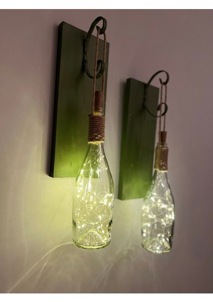 Tıpa Peri LED Işıklı Koyu Yeşil Ahşap Cam Şampanya Şişesi Duvar Aplik 2'li Set