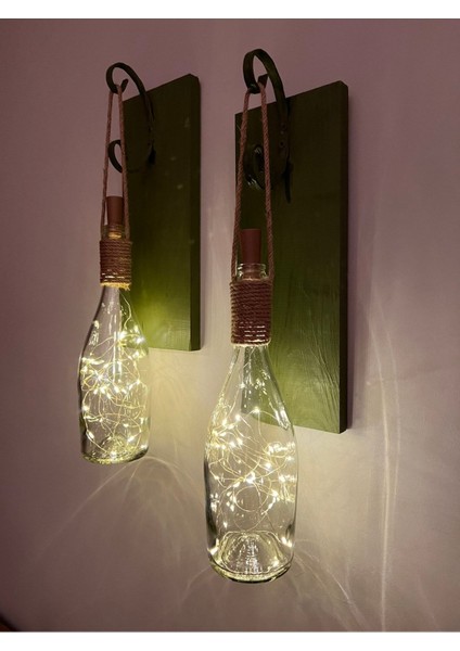 Tıpa Peri LED Işıklı Koyu Yeşil Ahşap Cam Şampanya Şişesi Duvar Aplik 2'li Set modelleri