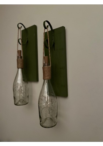 Tıpa Peri LED Işıklı Koyu Yeşil Ahşap Cam Şampanya Şişesi Duvar Aplik 2'li Set indirimleri