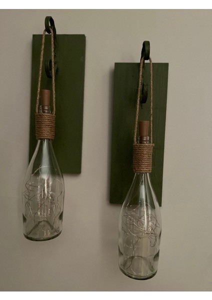 Tıpa Peri LED Işıklı Koyu Yeşil Ahşap Cam Şampanya Şişesi Duvar Aplik 2'li Set