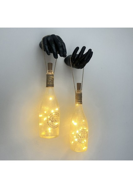 Siyah Erkek Eli Heykeli Dekorlu Pilli Peri LED Işıklı Buzlu Cam Şampanya Şişesi Aplik 2'li Set
