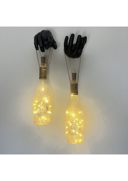 Siyah Erkek Eli Heykeli Dekorlu Pilli Peri LED Işıklı Buzlu Cam Şampanya Şişesi Aplik 2'li Set fiyatları