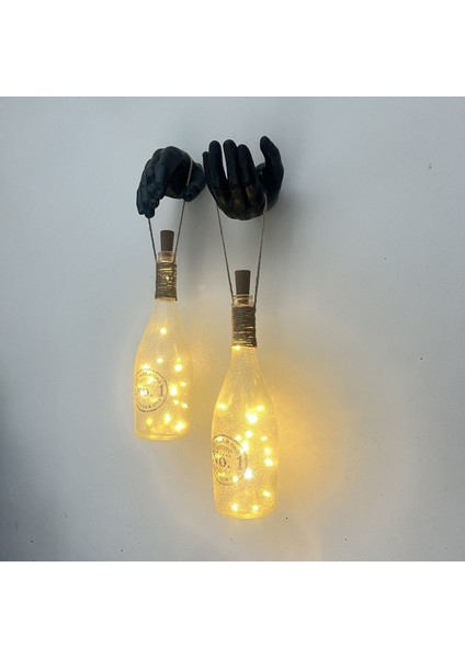 Siyah Erkek Eli Heykeli Dekorlu Pilli Peri LED Işıklı Buzlu Cam Şampanya Şişesi Aplik 2'li Set modelleri