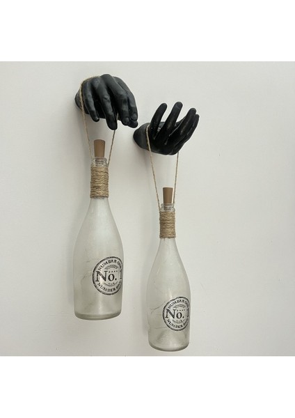 Siyah Erkek Eli Heykeli Dekorlu Pilli Peri LED Işıklı Buzlu Cam Şampanya Şişesi Aplik 2'li Set indirimleri