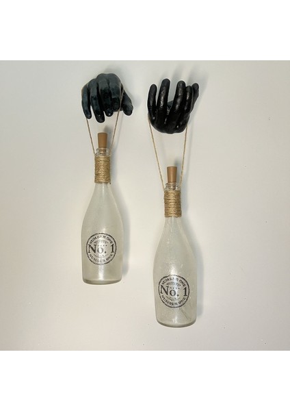 Siyah Erkek Eli Heykeli Dekorlu Pilli Peri LED Işıklı Buzlu Cam Şampanya Şişesi Aplik 2'li Set