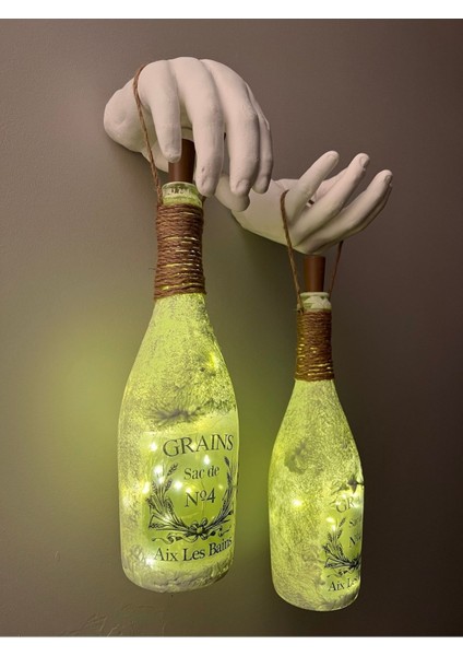 El Yapımı Heykel El Dekorlu LED Işıklı Buzlu Cam Şampanya Şişesi Aplik 2'li Set