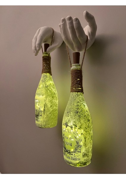 El Yapımı Heykel El Dekorlu LED Işıklı Buzlu Cam Şampanya Şişesi Aplik 2'li Set modelleri