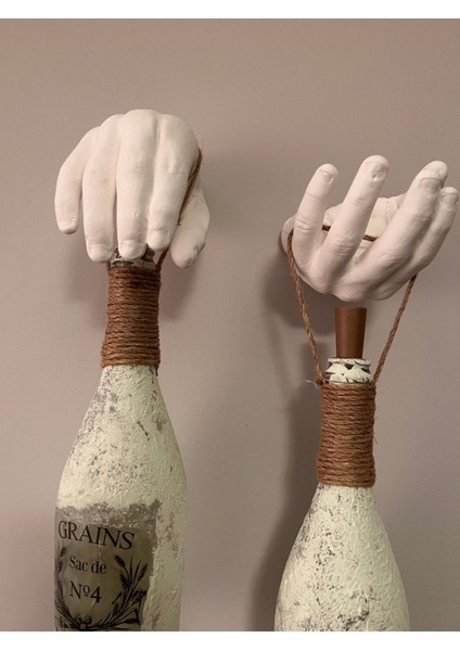 El Yapımı Heykel El Dekorlu LED Işıklı Buzlu Cam Şampanya Şişesi Aplik 2'li Set